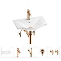 Раковина для ванной Wellsee Bisou 201005064 в наборе 5 в 1: раковина белого глянцевого цвета, смеситель, сифон, донный клапан, угловые вентили (цвет набора розовое золото)