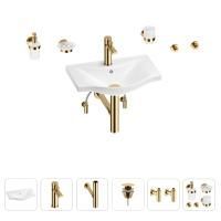 Раковина для ванной Wellsee Bisou 201007128 в наборе 9 в 1: раковина белого глянцевого цвета, смеситель, сифон, донный клапан, угловые вентили, аксессуары (цвет набора золото)