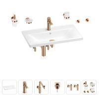 Раковина для ванной Wellsee FreeDom 201007099 в наборе 9 в 1: раковина белого глянцевого цвета, смеситель, сифон, донный клапан, угловые вентили, аксессуары (цвет набора розовое золото)