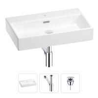 Раковина для ванной Wellsee Graceful Pro 201001351 в наборе 3 в 1: прямоугольная раковина белого глянцевого цвета, сифон, донный клапан в цвете хром