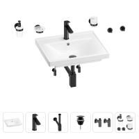 Раковина для ванной Wellsee FreeDom 201006912 в наборе 9 в 1: раковина белого глянцевого цвета, смеситель, сифон, донный клапан, угловые вентили, аксессуары (цвет набора матовый черный)