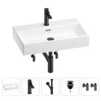Раковина для ванной Wellsee Graceful Pro 201004662 в наборе 5 в 1: раковина белого глянцевого цвета, смеситель, сифон, донный клапан, угловые вентили (цвет набора матовый черный)