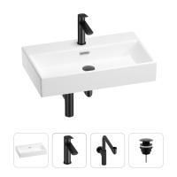 Раковина для ванной Wellsee Graceful Pro 201002992 в наборе 4 в 1: раковина белого глянцевого цвета, смеситель, сифон, донный клапан (цвет набора матовый черный)