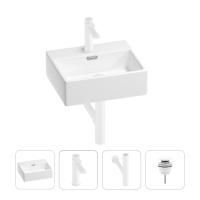 Раковина для ванной Wellsee Graceful Pro 201002880 в наборе 4 в 1: раковина белого глянцевого цвета, смеситель, сифон, донный клапан (цвет набора матовый белый)