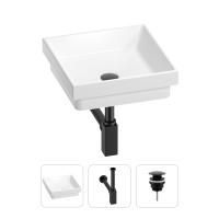 Раковина для ванной Wellsee Doux 201001107 в наборе 3 в 1: квадратная раковина белого глянцевого цвета, сифон, донный клапан в цвете матовый черный