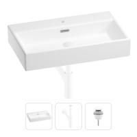 Раковина для ванной Wellsee Graceful Pro 201001370 в наборе 3 в 1: прямоугольная раковина белого глянцевого цвета, сифон, донный клапан в цвете матовый белый
