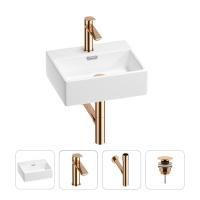 Раковина для ванной Wellsee Graceful Pro 201002874 в наборе 4 в 1: раковина белого глянцевого цвета, смеситель, сифон, донный клапан (цвет набора розовое золото)