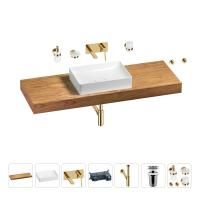 Раковина 50 см со столешницей 140 см Wellsee Pure BY Wellsee 201011488 в наборе 9 в 1: столешница, раковина, встраиваемый смеситель, сифон, выпуск, аксессуары (цвет набора золото)