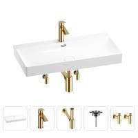 Раковина для ванной Wellsee Bromance 201005528 в наборе 5 в 1: раковина белого глянцевого цвета, смеситель, сифон, выпуск, угловые вентили (цвет набора золото)
