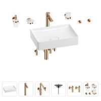 Раковина для ванной Wellsee Pure BY Wellsee 201006434 в наборе 9 в 1: раковина белого глянцевого цвета, высокий смеситель, сифон, выпуск, угловые вентили, аксессуары (цвет розовое золото)
