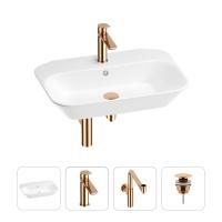Раковина для ванной Wellsee Eclatant 201003744 в наборе 4 в 1: раковина белого глянцевого цвета, смеситель, сифон, донный клапан (цвет набора розовое золото)