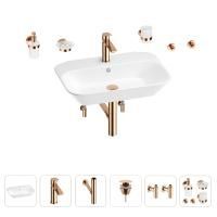 Раковина для ванной Wellsee Eclatant 201007474 в наборе 9 в 1: раковина белого глянцевого цвета, смеситель, сифон, донный клапан, угловые вентили, аксессуары (цвет набора розовое золото)
