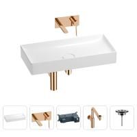 Раковина для ванной Wellsee Pure BY Wellsee 201002799 в наборе 4 в 1: раковина белого глянцевого цвета, встраиваемый смеситель, сифон, выпуск (цвет набора розовое золото)