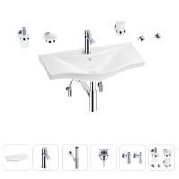 Раковина для ванной Wellsee Bisou 201007386 в наборе 9 в 1: раковина белого глянцевого цвета, смеситель, сифон, донный клапан, угловые вентили, аксессуары (цвет набора хром)