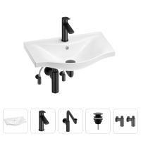 Раковина для ванной Wellsee Bisou 201005167 в наборе 5 в 1: раковина белого глянцевого цвета, смеситель, сифон, донный клапан, угловые вентили (цвет набора матовый черный)