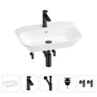 Раковина для ванной Wellsee Eclatant 201005377 в наборе 5 в 1: раковина белого глянцевого цвета, смеситель, сифон, донный клапан, угловые вентили (цвет набора матовый черный)