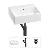 Раковина для ванной Wellsee Graceful Pro 201001342 в наборе 3 в 1: прямоугольная раковина белого глянцевого цвета, сифон, донный клапан в цвете матовый черный