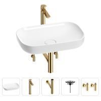 Раковина для ванной Wellsee Croquis 201003973 в наборе 5 в 1: раковина белого глянцевого цвета, высокий смеситель, сифон, выпуск, угловые вентили (цвет набора золото)
