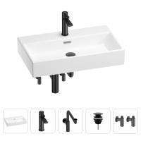 Раковина для ванной Wellsee Graceful Pro 201004672 в наборе 5 в 1: раковина белого глянцевого цвета, смеситель, сифон, донный клапан, угловые вентили (цвет набора матовый черный)