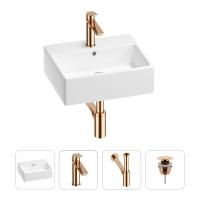 Раковина для ванной Wellsee Graceful Pro 201002904 в наборе 4 в 1: раковина белого глянцевого цвета, смеситель, сифон, донный клапан (цвет набора розовое золото)