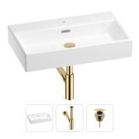 Раковина для ванной Wellsee Graceful Pro 201001368 в наборе 3 в 1: прямоугольная раковина белого глянцевого цвета, сифон, донный клапан в цвете золото