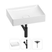 Раковина для ванной Wellsee Pure BY Wellsee 201001242 в наборе 3 в 1: прямоугольная раковина белого глянцевого цвета, сифон, выпуск в цвете матовый черный