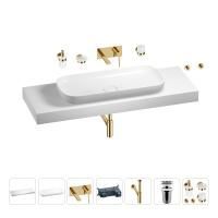 Раковина 90 см со столешницей 140 см Wellsee Croquis 201008588 в наборе 9 в 1: столешница, раковина, встраиваемый смеситель, сифон, выпуск, аксессуары (цвет набора золото)