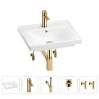 Раковина для ванной Wellsee FreeDom 201004793 в наборе 5 в 1: раковина белого глянцевого цвета, смеситель, сифон, донный клапан, угловые вентили (цвет набора золото)