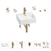 Раковина для ванной Wellsee Graceful Pro 201006629 в наборе 9 в 1: раковина белого глянцевого цвета, смеситель, сифон, донный клапан, угловые вентили, аксессуары (цвет набора розовое золото)