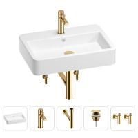 Раковина для ванной Wellsee Halcyon 201004503 в наборе 5 в 1: раковина белого глянцевого цвета, смеситель, сифон, донный клапан, угловые вентили (цвет набора золото)