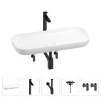 Раковина для ванной Wellsee Croquis 201004012 в наборе 5 в 1: раковина белого глянцевого цвета, высокий смеситель, сифон, выпуск, угловые вентили (цвет набора матовый черный)