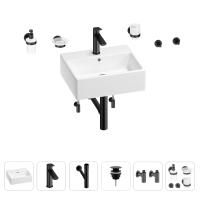 Раковина для ванной Wellsee Graceful Pro 201006672 в наборе 9 в 1: раковина белого глянцевого цвета, смеситель, сифон, донный клапан, угловые вентили, аксессуары (цвет набора матовый черный)
