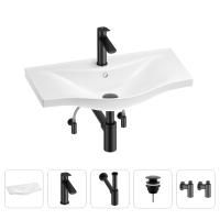 Раковина для ванной Wellsee Bisou 201005277 в наборе 5 в 1: раковина белого глянцевого цвета, смеситель, сифон, донный клапан, угловые вентили (цвет набора матовый черный)