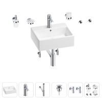 Раковина для ванной Wellsee Graceful Pro 201006686 в наборе 9 в 1: раковина белого глянцевого цвета, смеситель, сифон, донный клапан, угловые вентили, аксессуары (цвет набора хром)