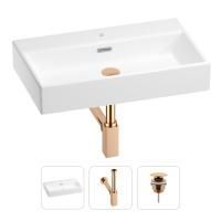 Раковина для ванной Wellsee Graceful Pro 201001359 в наборе 3 в 1: прямоугольная раковина белого глянцевого цвета, сифон, донный клапан в цвете розовое золото