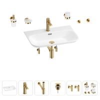 Раковина для ванной Wellsee Eclatant 2.0 201007508 в наборе 9 в 1: раковина белого глянцевого цвета, смеситель, сифон, донный клапан, угловые вентили, аксессуары (цвет набора золото)