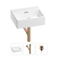 Раковина для ванной Wellsee Graceful Pro 201001314 в наборе 3 в 1: прямоугольная раковина белого глянцевого цвета, сифон, донный клапан в цвете розовое золото