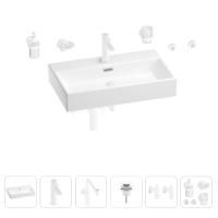 Раковина для ванной Wellsee Graceful Pro 201006750 в наборе 9 в 1: раковина белого глянцевого цвета, смеситель, сифон, донный клапан, угловые вентили, аксессуары (цвет набора матовый белый)
