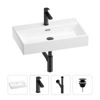 Раковина для ванной Wellsee Graceful Pro 201002982 в наборе 4 в 1: раковина белого глянцевого цвета, смеситель, сифон, донный клапан (цвет набора матовый черный)