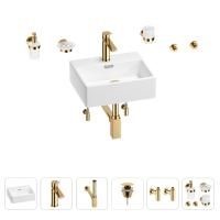 Раковина для ванной Wellsee Graceful Pro 201006613 в наборе 9 в 1: раковина белого глянцевого цвета, смеситель, сифон, донный клапан, угловые вентили, аксессуары (цвет набора золото)