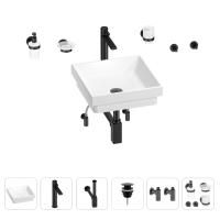 Раковина для ванной Wellsee Doux 201005952 в наборе 9 в 1: раковина белого глянцевого цвета, высокий смеситель, сифон, донный клапан, угловые вентили, аксессуары (цвет матовый черный)