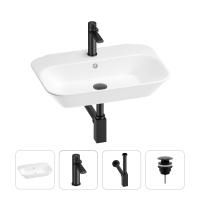 Раковина для ванной Wellsee Eclatant 201003717 в наборе 4 в 1: раковина белого глянцевого цвета, смеситель, сифон, донный клапан (цвет набора матовый черный)