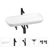 Раковина для ванной Wellsee Croquis 201004017 в наборе 5 в 1: раковина белого глянцевого цвета, высокий смеситель, сифон, выпуск, угловые вентили (цвет набора матовый черный)