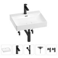 Раковина для ванной Wellsee DeSire 201005507 в наборе 5 в 1: раковина белого глянцевого цвета, смеситель, сифон, выпуск, угловые вентили (цвет набора матовый черный)