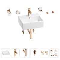 Раковина для ванной Wellsee Graceful Pro 201006674 в наборе 9 в 1: раковина белого глянцевого цвета, смеситель, сифон, донный клапан, угловые вентили, аксессуары (цвет набора розовое золото)