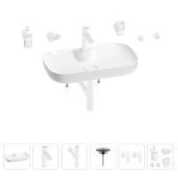 Раковина для ванной Wellsee Croquis 2.0 201005850 в наборе 9 в 1: раковина белого глянцевого цвета, смеситель, сифон, выпуск, угловые вентили, аксессуары (цвет набора матовый белый)