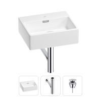 Раковина для ванной Wellsee Graceful Pro 201001311 в наборе 3 в 1: прямоугольная раковина белого глянцевого цвета, сифон, донный клапан в цвете хром