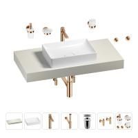 Раковина 50 см со столешницей 100 см Wellsee Pure BY Wellsee 201011199 в наборе 10 в 1: столешница, раковина, высокий смеситель, сифон, выпуск, кран-вентили, аксессуары (цвет розовое золото)