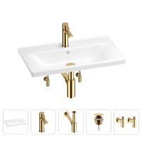 Раковина для ванной Wellsee FreeDom 201004933 в наборе 5 в 1: раковина белого глянцевого цвета, смеситель, сифон, донный клапан, угловые вентили (цвет набора золото)