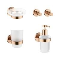 Акционный набор аксессуаров для ванной комнаты 5 в 1 Wellsee Finishing Touch 182514002: дозатор для жидкого мыла, мыльница, крючок 2 шт, стакан для зубных щеток и пасты (цвет розовое золото)